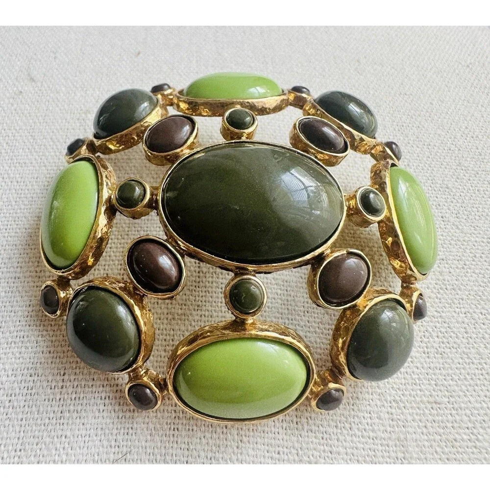 Vintage Mod Green Brown Cabochon Gold Tone Brooch Pin Statement